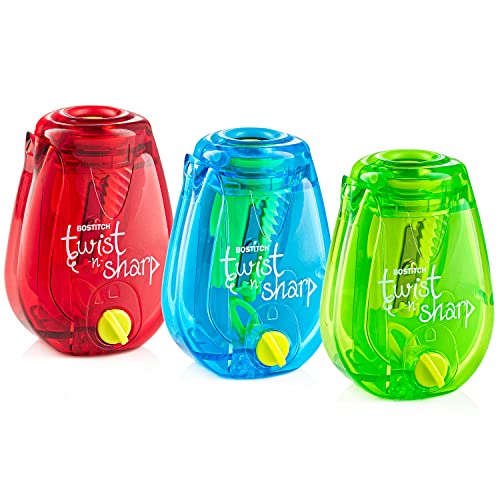 Bostitch Büro-Bleistiftspitzer, Twist-N-Sharp, farbiger manueller kleiner Bleistiftspitzer, Handspitzer, Handspitzer, 3 Stück, überzogen, Limettengrün, Blau und Rot, tragbare Handspitzer mit von Bostitch