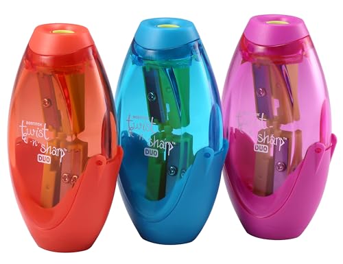 Bostitch Office Twist-N-Sharp PS2-ASST-3PK, manueller Bleistiftspitzer, Doppelloch, 3 Stück, Blau, Orange, Rosa von Bostitch