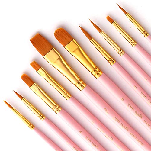 Bougimal 10 Stück Pinsel Set, Premium Nylon Acrylfarben Pinsel, Hölzernen Griff Pinsel Künstler Satz für Aquarell Ölgemälde, Perfektes Malerei Ölfarben Brush Set für Anfänge Kinder Künstler, Rosa von Bougimal