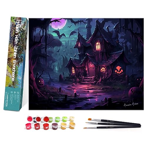 Bougimal Malen Nach Zahlen Erwachsene Halloween Landschaft ohne Rahmen inklusive Pinsel und Acrylfarben - 40 x 50 cm, Schloss 1 von Bougimal