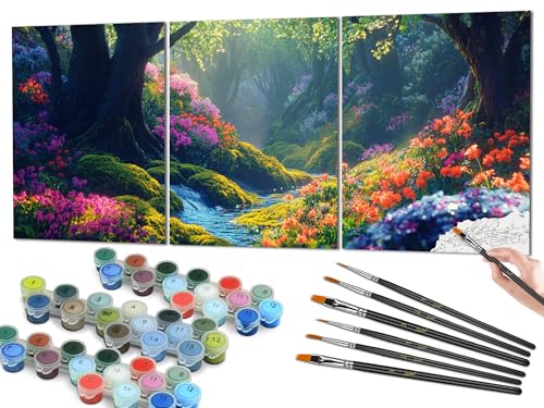 Bougimal Malen Nach Zahlen Erwachsene Landscape, Triptychon, DIY Handgemalt öLgemäLde inklusive Pinsel und Acrylfarben, Wald, 50 x 120 cm(Ohne Rahmen) von Bougimal