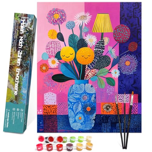 Bougimal Malen Nach Zahlen Erwachsene Landschaft Blume Ohen Rahmen inklusive Pinsel und Acrylfarben - 40 x 50 cm, Hübsche Blumen von Bougimal