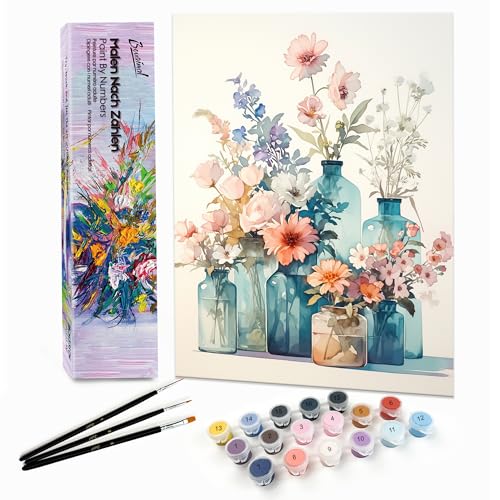 Bougimal Malen Nach Zahlen Erwachsene Landschaft Ohen Rahmen inklusive Pinsel und Acrylfarben - 28x35cm, Bunte Blumen 1 von Bougimal