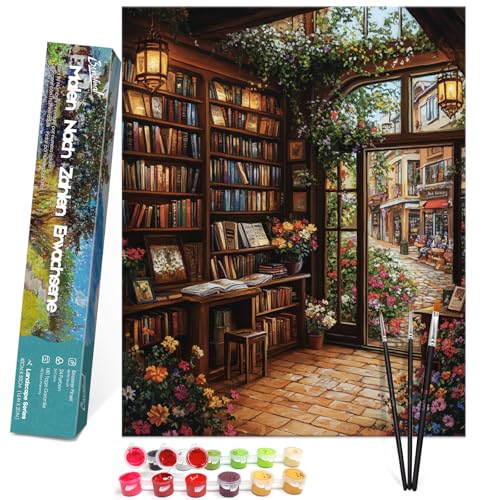 Bougimal Malen Nach Zahlen Erwachsene Landschaft Ohen Rahmen inklusive Pinsel und Acrylfarben - 40 x 50 cm, Bibliothek 2 von Bougimal