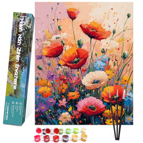 Bougimal Malen Nach Zahlen Erwachsene Landschaft Ohen Rahmen inklusive Pinsel und Acrylfarben - 40 x 50 cm, Bunte Blumen 7 von Bougimal