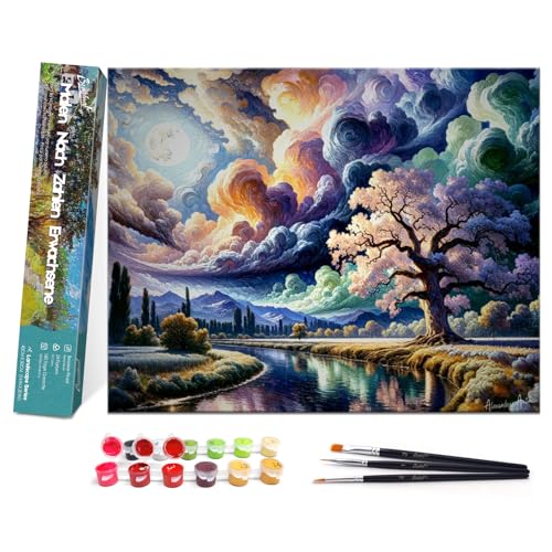 Bougimal Malen Nach Zahlen Erwachsene Landschaft Ohen Rahmen inklusive Pinsel und Acrylfarben - 40 x 50 cm, Bunte Wolken von Bougimal