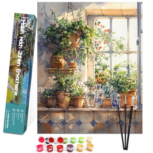 Bougimal Malen Nach Zahlen Erwachsene Landschaft Ohen Rahmen inklusive Pinsel und Acrylfarben - 40 x 50 cm, Fensterpflanze 2 von Bougimal