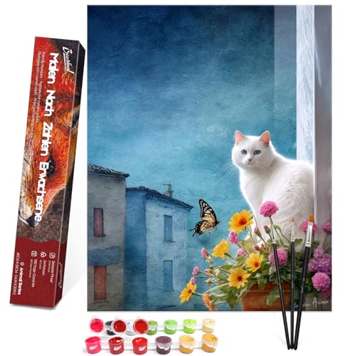Bougimal Malen Nach Zahlen Erwachsene Landschaft Ohen Rahmen inklusive Pinsel und Acrylfarben - 40 x 50 cm, Katze und Blumen von Bougimal