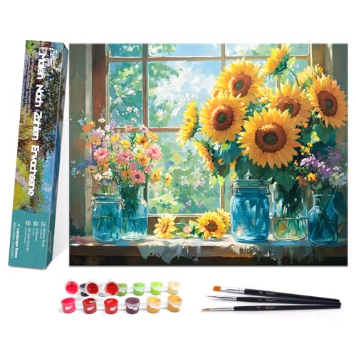 Bougimal Malen Nach Zahlen Erwachsene Landschaft Ohen Rahmen inklusive Pinsel und Acrylfarben - 40 x 50 cm, Sonnenblume 3 von Bougimal