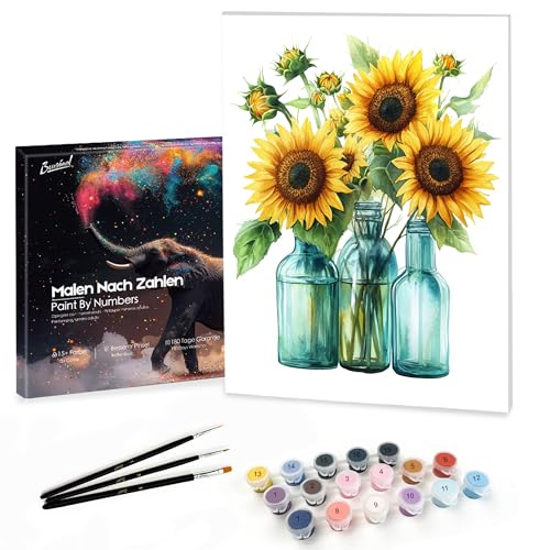 Bougimal Malen Nach Zahlen Erwachsene Landschaft mit Rahmen inklusive Pinsel und Acrylfarben - 28 x 35 cm, Sonnenblume von Bougimal