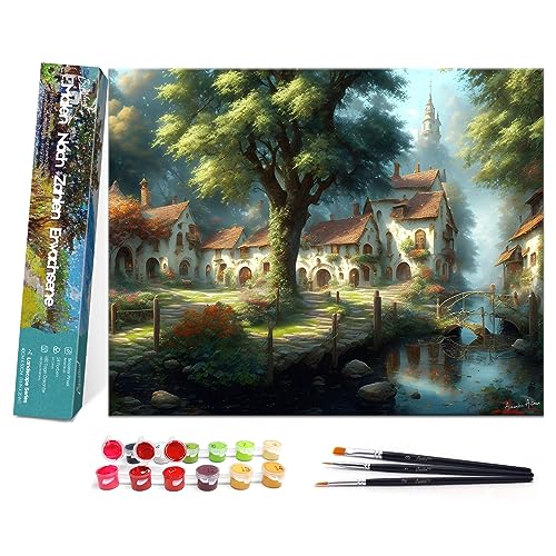 Bougimal Malen Nach Zahlen Erwachsene Landschaft ohne Rahmen inklusive Pinsel und Acrylfarben - 40 x 50 cm, Hütte in den Wäldern von Bougimal