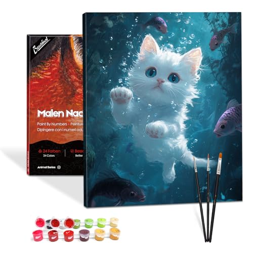 Bougimal Malen Nach Zahlen Erwachsene Tier Mit Rahmen inklusive Pinsel und Acrylfarben - 40 x 50 cm, Weiße Katze 2 von Bougimal
