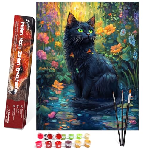 Bougimal Malen Nach Zahlen Erwachsene Tier Ohen Rahmen inklusive Pinsel und Acrylfarben - 40 x 50 cm, Schwarze Katze im Garten von Bougimal