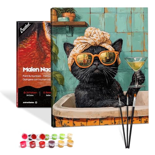 Bougimal Malen Nach Zahlen Erwachsene Tiere Mit Rahmen inklusive Pinsel und Acrylfarben - 40 x 50 cm, Badende Katze von Bougimal