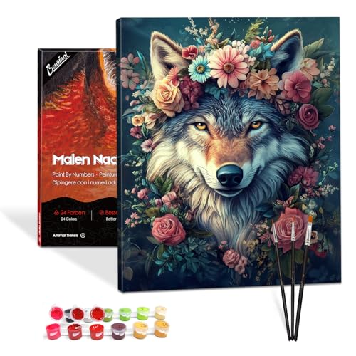 Bougimal Malen Nach Zahlen Erwachsene Tiere Mit Rahmen inklusive Pinsel und Acrylfarben - 40 x 50 cm, Wolf 3 von Bougimal