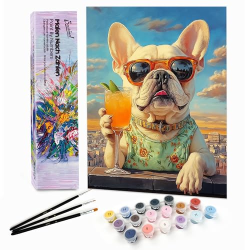Bougimal Malen Nach Zahlen Erwachsene Tiere Ohen Rahmen inklusive Pinsel und Acrylfarben - 28x35cm, Hund mit Saft von Bougimal