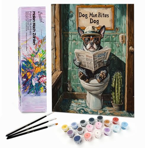 Bougimal Malen Nach Zahlen Erwachsene Tiere Ohen Rahmen inklusive Pinsel und Acrylfarben - 28x35cm, Lesender Hund 01 von Bougimal