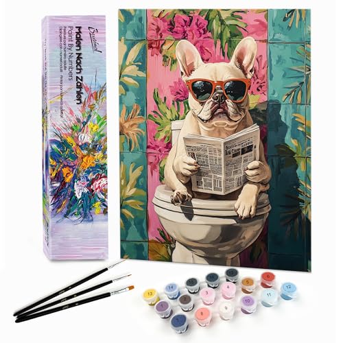 Bougimal Malen Nach Zahlen Erwachsene Tiere Ohen Rahmen inklusive Pinsel und Acrylfarben - 28x35cm, Lesender Hund 02 von Bougimal