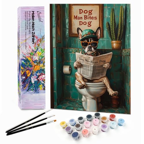 Bougimal Malen Nach Zahlen Erwachsene Tiere Ohen Rahmen inklusive Pinsel und Acrylfarben - 28x35cm, Lesender Hund 03 von Bougimal