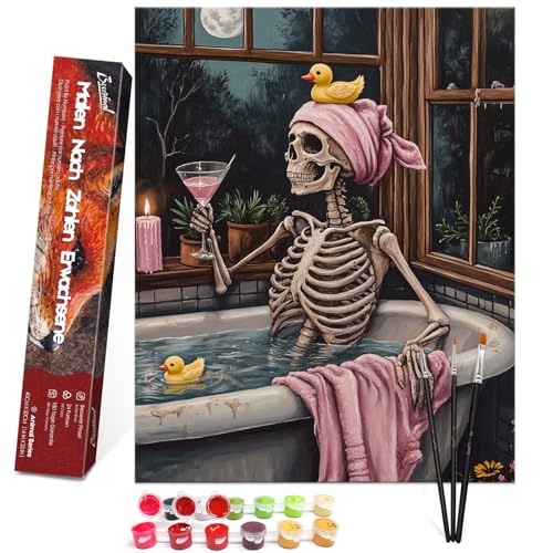 Bougimal Malen Nach Zahlen Erwachsene Tiere Ohen Rahmen inklusive Pinsel und Acrylfarben - 40 x 50 cm, Badendes Skelett von Bougimal