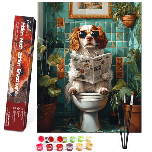 Bougimal Malen Nach Zahlen Erwachsene Tiere Ohen Rahmen inklusive Pinsel und Acrylfarben - 40 x 50 cm, Lesender Welpe 1 von Bougimal