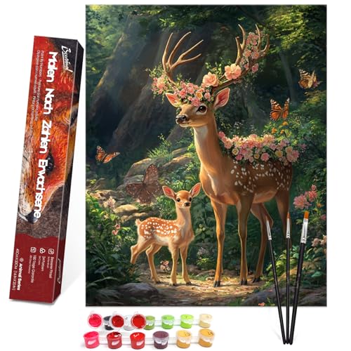 Bougimal Malen Nach Zahlen Erwachsene Tiere Ohen Rahmen inklusive Pinsel und Acrylfarben - 40 x 50 cm, Reh im Blumenstrauch 2 von Bougimal