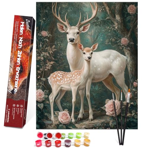 Bougimal Malen Nach Zahlen Erwachsene Tiere Ohen Rahmen inklusive Pinsel und Acrylfarben - 40 x 50 cm, Reh im Blumenstrauch 3 von Bougimal