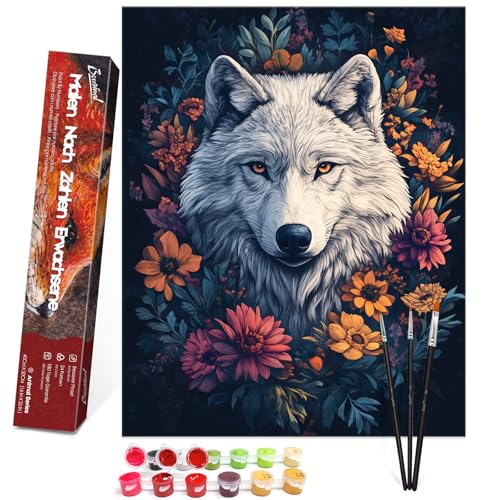 Bougimal Malen Nach Zahlen Erwachsene Tiere Ohen Rahmen inklusive Pinsel und Acrylfarben - 40 x 50 cm, Weißer Wolf im Blumen 1 von Bougimal