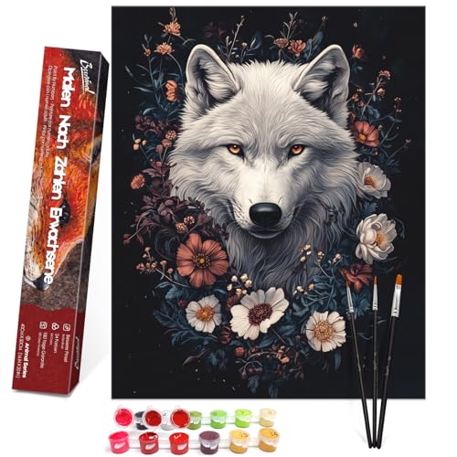 Bougimal Malen Nach Zahlen Erwachsene Tiere Ohen Rahmen inklusive Pinsel und Acrylfarben - 40 x 50 cm, Weißer Wolf im Blumen 2 Bougimal Malen Nach Zahlen Erwachsene Tiere Ohen Rahmen inklusive Pinsel und Acrylfarben - 40 x 50 cm, Weißer Wolf im Blumen 2 von Bougimal