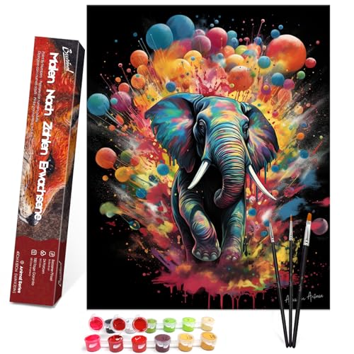 Bougimal Malen Nach Zahlen Erwachsene Tiere ohne Rahmen inklusive Pinsel und Acrylfarben - 40 x 50 cm, Bunter Ballon Elefant von Bougimal