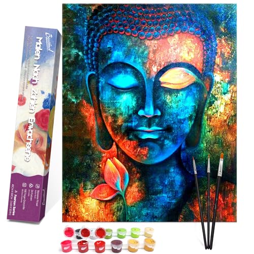 Bougimal Malen nach Zahlen Erwachsene, Buddha 1, Enthält Faltenfreie Leinen Leinwand, Pinsel und Acrylfarben - Ohne Rahmen 40 x 50 cm von Bougimal