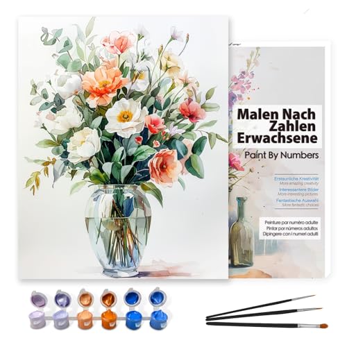 Bougimal Malen nach Zahlen Erwachsene, DIY Handgemalt Ölgemälde Kit Mit 3 Pinseln und Acrylfarbe, Als Geschenk 40X50CM, Ohne Rahmen, Flowers 6 von Bougimal