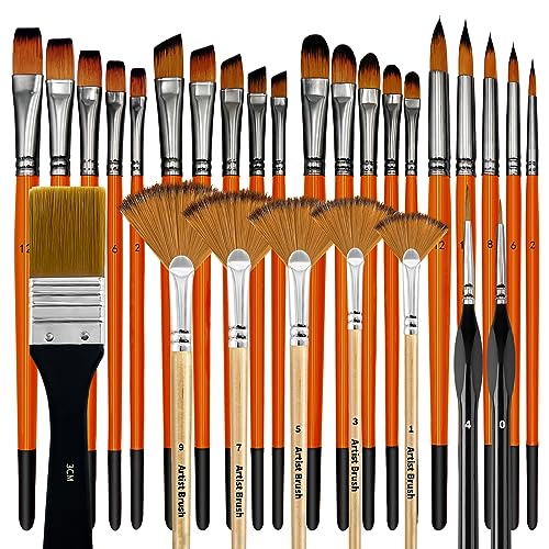 Bougimal Pinselset Acrylfarben, 28 Acryl Pinsel Set, Künstlerpinsel mit rund, eckig, flach, Fan Pinsel Set für Künstler und Anfänger zum Malen（Orange） von Bougimal