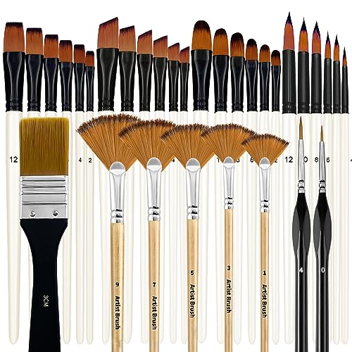 Bougimal Pinselset Acrylfarben, 32 Acryl Pinsel Set, Künstlerpinsel mit rund, eckig, flach, Fan Pinsel Set für Künstler und Anfänger zum Malen（Weiß） von Bougimal