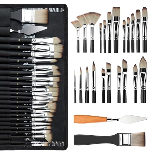 Bougimal Professionelles Pinsel-Set, 25-teilig, perfekt für Acryl-, Öl-, Aquarell- und Gouache-Malerei, inklusive Rolltasche aus Segeltuch und Palettenmesser, ideales Kunstbedarf-Geschenk-Set von Bougimal