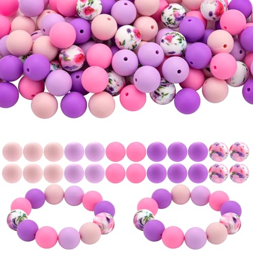 Bouiexye 100 Stück 15 mm Silikonperlen zur Armbandherstellung Rosa Lila Silikonperlen Runde Perlen zur Herstellung von Schlüsselanhängern DIY Bastelarbeiten Armbändern Perlenstiften Perlenstift von Bouiexye