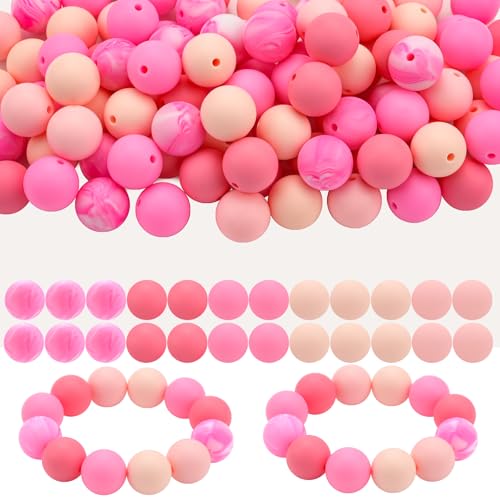 Bouiexye 100 Stück 15 mm Silikonperlen zur Armbandherstellung Rosa Serie Silikonperlen Runde Perlen zur Herstellung von Schlüsselanhängern DIY Bastelarbeiten Armbändern Perlenstiften Perlenstift von Bouiexye