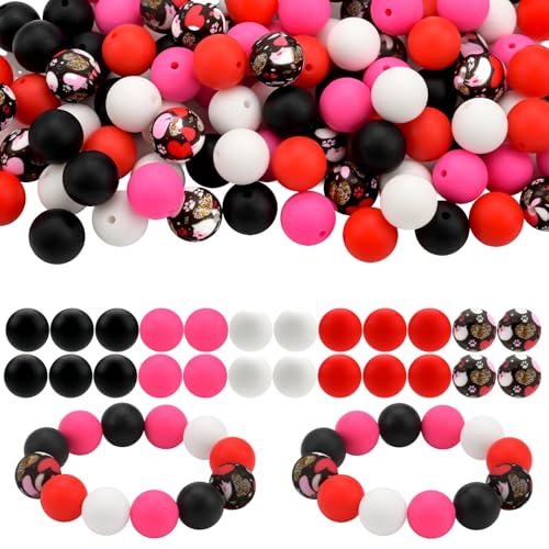 Bouiexye 100 Stück 15 mm Silikonperlen zur Armbandherstellung Rot Schwarz Weiß Silikonperlen Runde Perlen zur Herstellung von Schlüsselanhängern Bastelarbeiten Armbändern Perlenstiften Perlenstift von Bouiexye