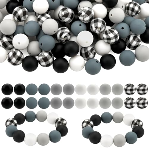 Bouiexye 100 Stück 15 mm Silikonperlen zur Armbandherstellung Schwarz Weiß Grau Silikonperlen Runde Perlen zur Herstellung von Schlüsselanhängern Bastelarbeiten Armbändern Perlenstiften Perlenstift von Bouiexye