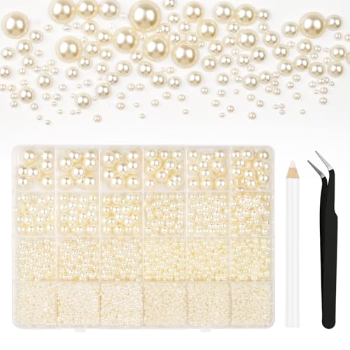 Bouiexye 13000 Stück Beige Perlen mit Flacher Rückseite 2/3/4/5/6/8/10mm Halbrunde Perlen für Heimwerker Bastelarbeiten Nagelkunst Schuhe Handyhüllen Usw von Bouiexye