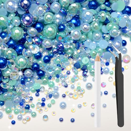 Bouiexye 80g Mix Halbperlen und Glitzersteine für Kunsthandwerk 2mm-10mm Flachrücken Perlen und Strasssteine Mix für Gesicht Nagel DIY Becher Basteln Tumbler Schuhe Halbrunde Perlen(Blau) von Bouiexye