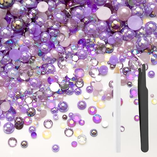 Bouiexye 80g Mix Halbperlen und Glitzersteine für Kunsthandwerk 2mm-10mm Flachrücken Perlen und Strasssteine Mix für Gesicht Nagel DIY Becher Basteln Tumbler Schuhe Halbrunde Perlen(Dunkelviolett) von Bouiexye
