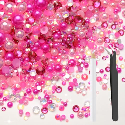 Bouiexye 80g Mix Halbperlen und Glitzersteine für Kunsthandwerk 2mm-10mm Flachrücken Perlen und Strasssteine Mix für Gesicht Nagel DIY Becher Basteln Tumbler Schuhe Halbrunde Perlen(Rosa) von Bouiexye
