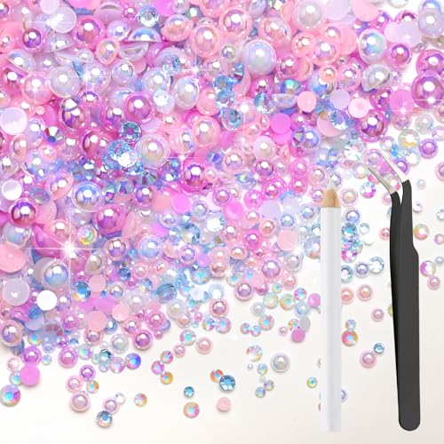Bouiexye 80g Mix Halbperlen und Glitzersteine für Kunsthandwerk 2mm-10mm Flachrücken Perlen und Strasssteine Mix für Gesicht Nagel DIY Becher Basteln Tumbler Schuhe Halbrunde Perlen(Rosa Lila) von Bouiexye