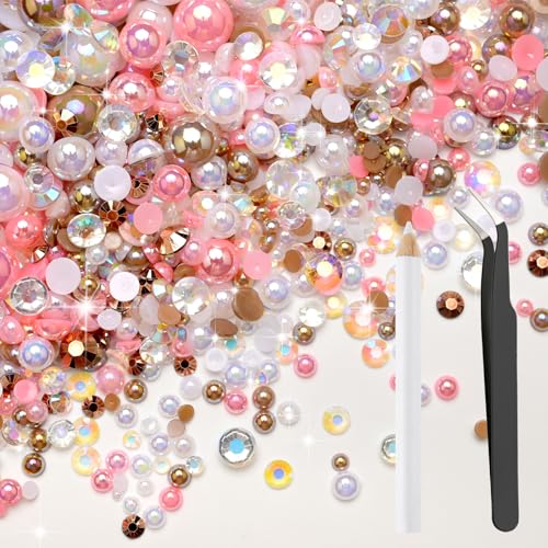 Bouiexye 80g Mix Halbperlen und Glitzersteine für Kunsthandwerk 2mm-10mm Flachrücken Perlen und Strasssteine Mix für Gesicht Nagel DIY Becher Basteln Tumbler Schuhe Halbrunde Perlen(Rosabraun) von Bouiexye