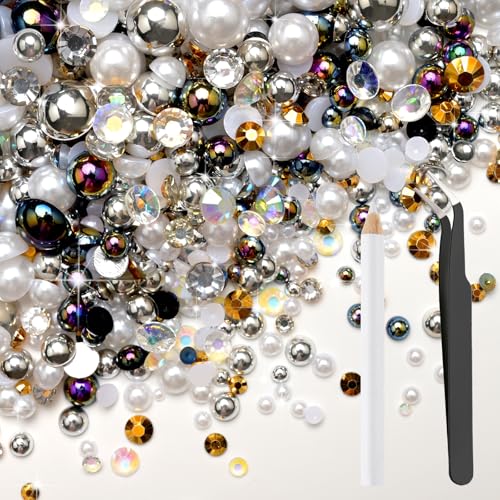 Bouiexye 80g Mix Halbperlen und Glitzersteine für Kunsthandwerk 2mm-10mm Flachrücken Perlen und Strasssteine Mix für Gesicht Nagel DIY Becher Basteln Tumbler Schuhe Halbrunde Perlen(Schwarz Weiß) von Bouiexye