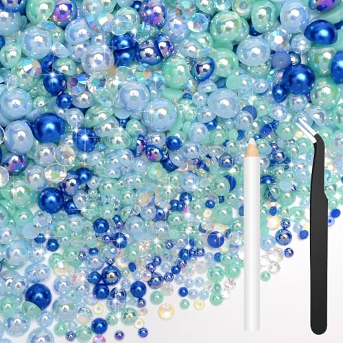 Bouiexye 80g Mix Halbperlen und Glitzersteine für Kunsthandwerk Blau Strasssteine für Kleidung Basteln Gesicht Nagelkunst Flaschen Becher Schuhe Geschenke DIY Schillernd (2–10 mm) von Bouiexye