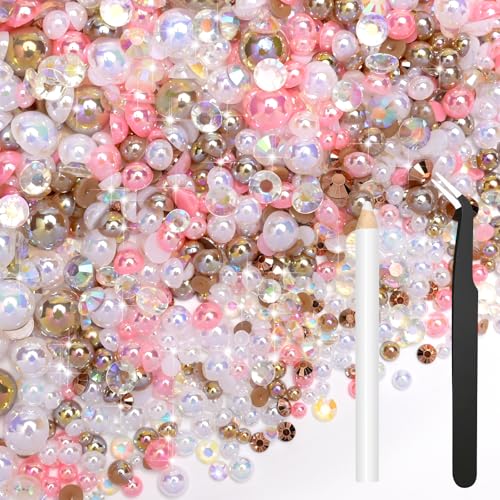 Bouiexye 80g Mix Halbperlen und Glitzersteine für Kunsthandwerk Braun Rosa Strasssteine für Kleidung Basteln Gesicht Nagelkunst Flaschen Becher Schuhe Geschenke DIY Schillernd (2–10 mm) von Bouiexye