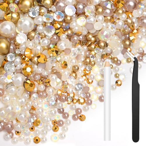 Bouiexye 80g Mix Halbperlen und Glitzersteine für Kunsthandwerk Champagner Gold Strasssteine für Kleidung Basteln Gesicht Nagelkunst Flaschen Becher Schuhe Geschenke DIY Schillernd (2–10 mm) von Bouiexye