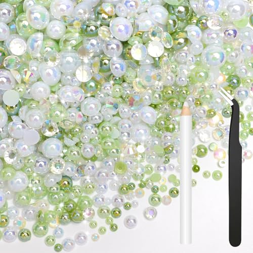 Bouiexye 80g Mix Halbperlen und Glitzersteine für Kunsthandwerk Grün Weiß Strasssteine für Kleidung Basteln Gesicht Nagelkunst Flaschen Becher Schuhe Geschenke DIY Schillernd (2–10 mm) von Bouiexye